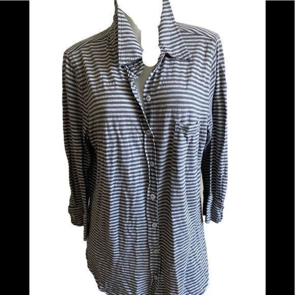 Allen Allen Jersey Button Down Shirt- L gray / light gray striped, cotto…